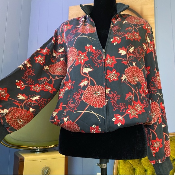 Vintage 90s Notations Silk Floral Zip Up Jacket Size M - Picture 2 of 7